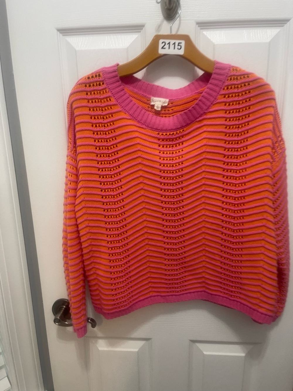 Striped Open-Knit Crewneck Sweater in Pink and Orange